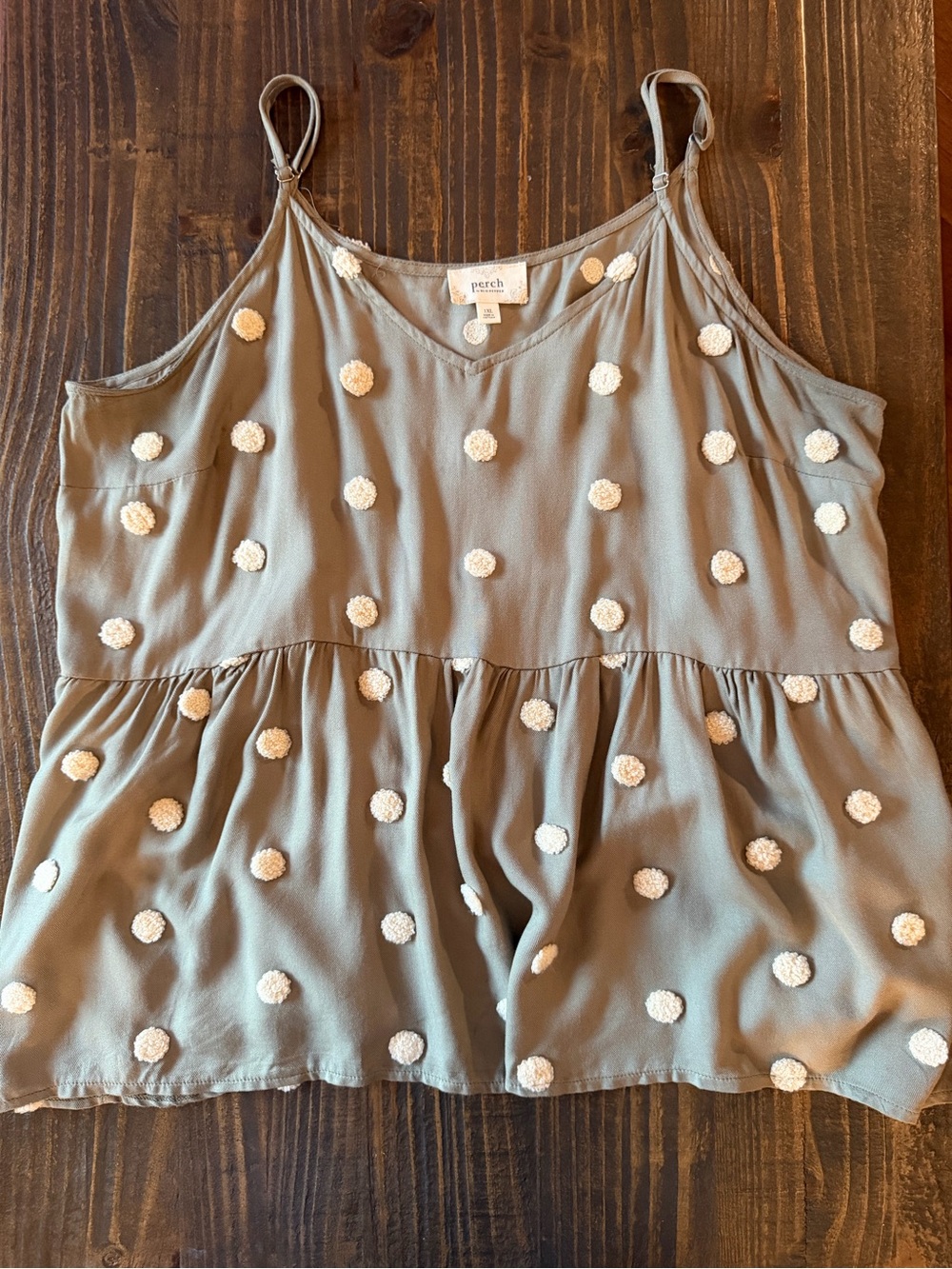 Cream Pom-Pom Spaghetti Strap Tank Top in Sage Green 1X